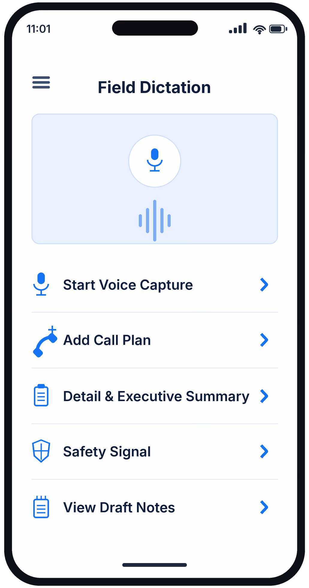 Voice-to-text field dictation and AI processing screens